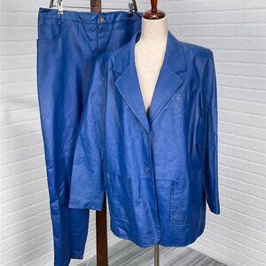 Via Accenti Pant Suit Women 48/38Wx30L Blue Leather 5 Pocket Taper Nylon 90s 2pc
